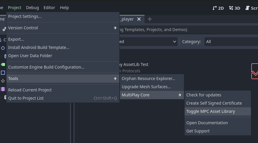 Project -&gt; Tools -&gt; MultiPlay Core -&gt; Toggle MPC AssetLib