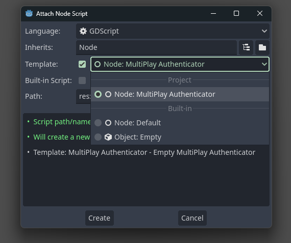 Create a new Script with the Template &ldquo;Multiplay Authenticator&rdquo;